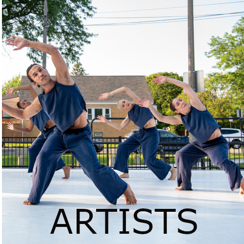 Text: Artists - 4 dancers on an outdoor stage wearing blue short tunic tops and loose fitting pants. Their knees are bent and they are reaching both arms far to the side