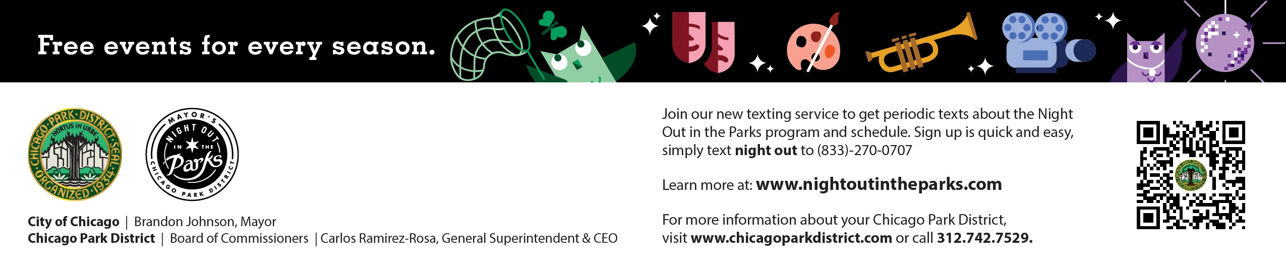 Night Out in the Parks Footer - Includes logos for the city of Chicago, 2022 Year of Chicago DAnce, and Night Out in the Parks.
